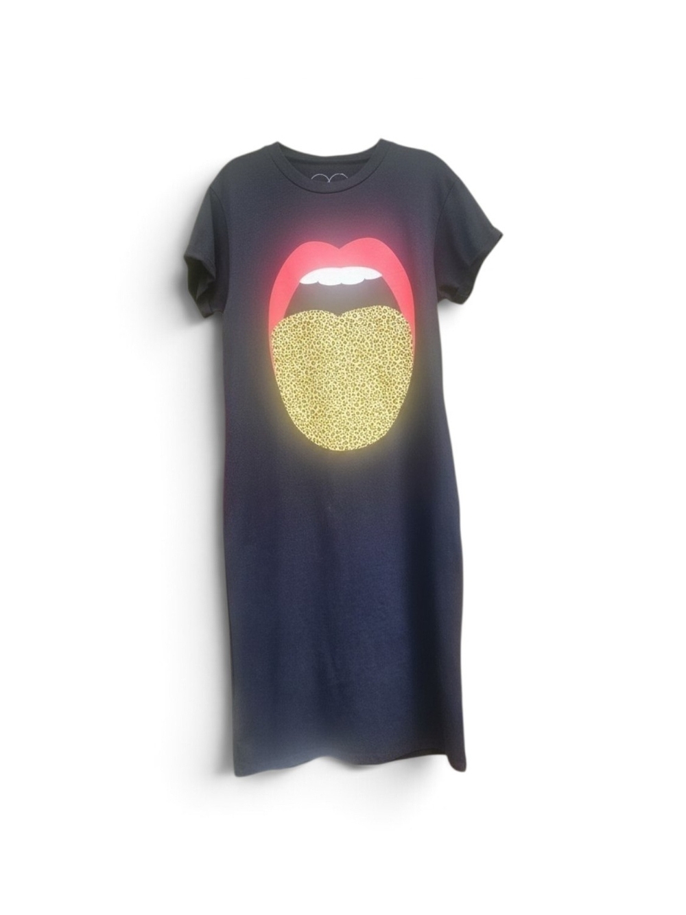 Obsessive Love Graphic T-Shirt Dress Black Red Lips Leopard Tongue Cotton Size S